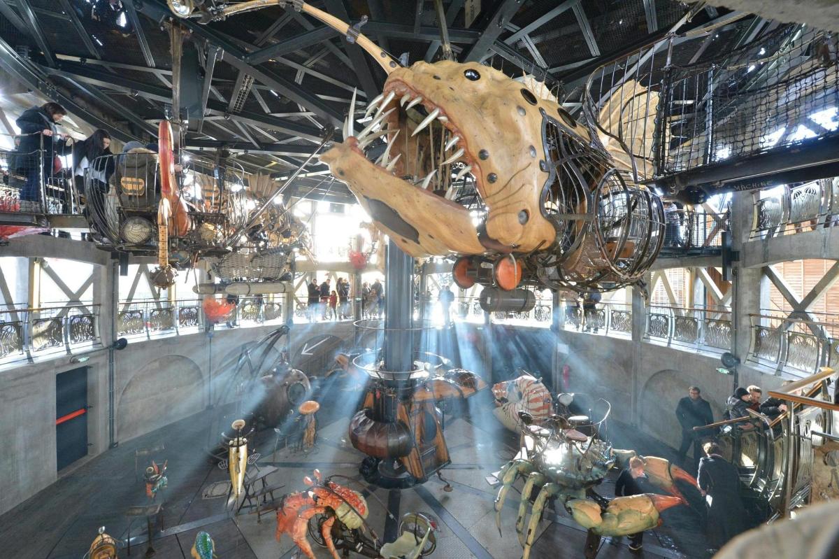 a museum with a dinosaur head hanging from the ceiling