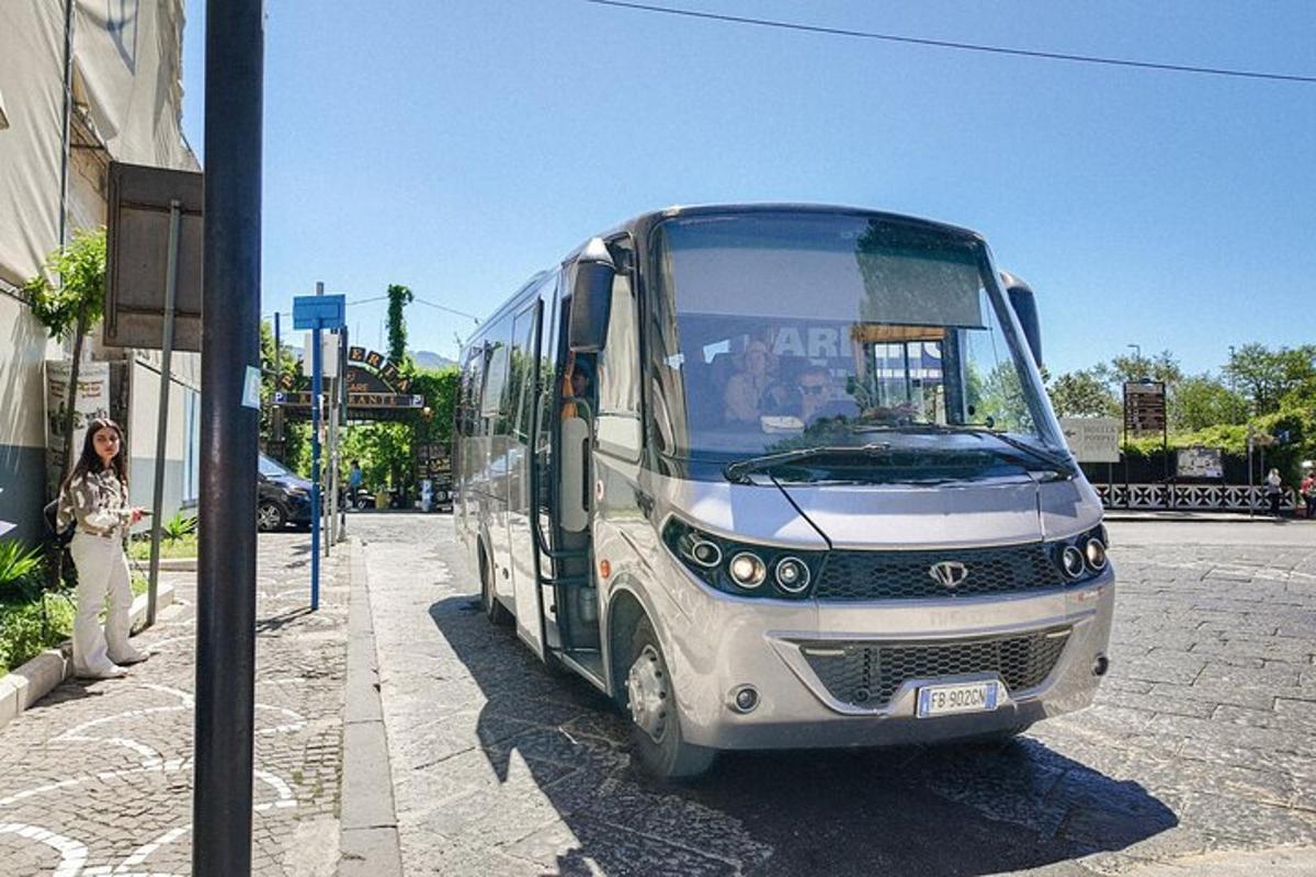 egy nő áll egy utcán parkoló busz mellett
