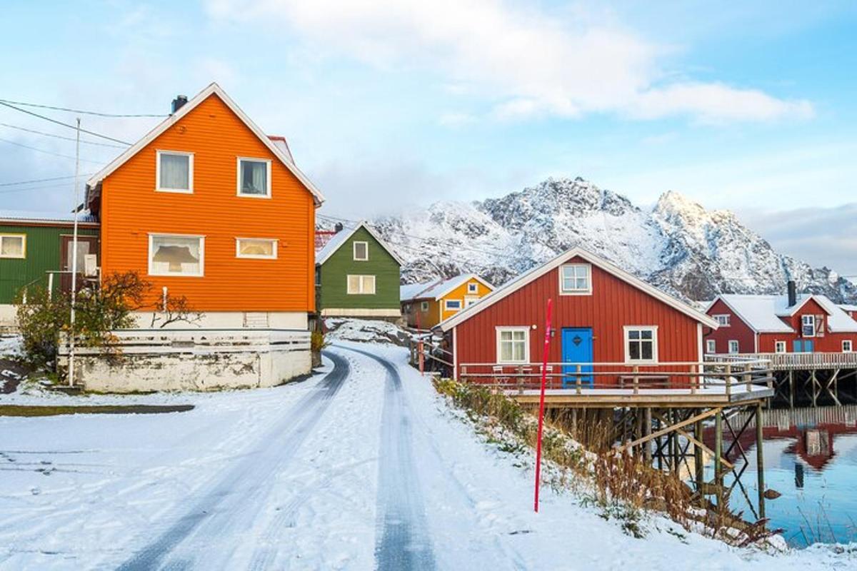 a row of houses in the snow with mountains in the background