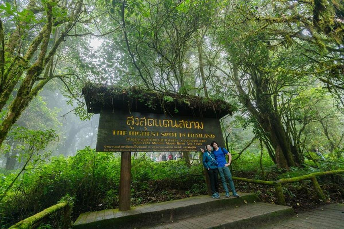 dua orang berdiri di samping tanda di hutan
