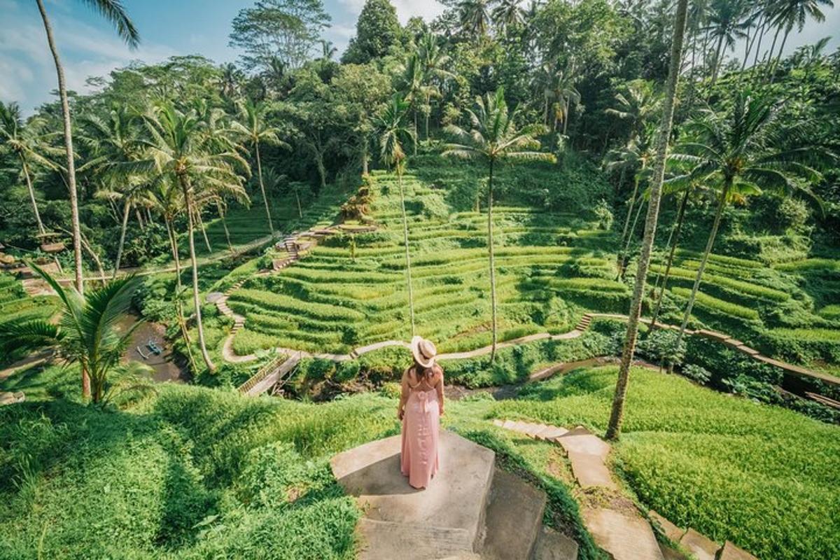 một người phụ nữ đứng trước một thửa ruộng bậc thang