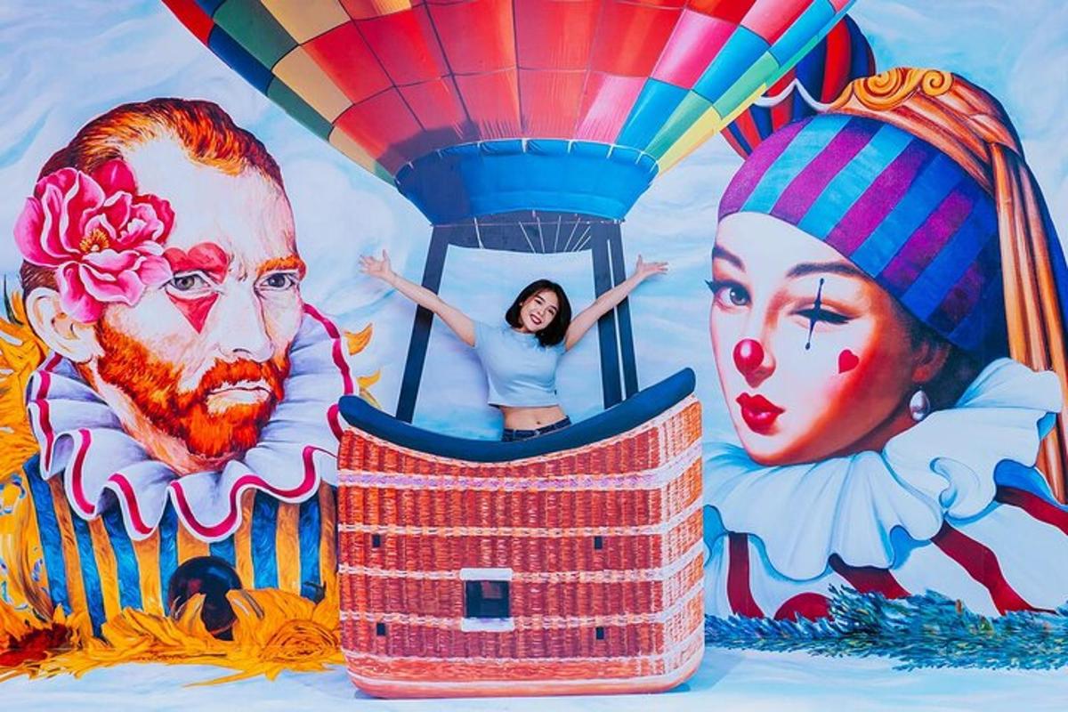 a woman is in a hot air balloon with clowns