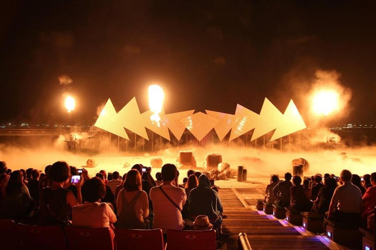 a crowd of people sitting in a theatre at night