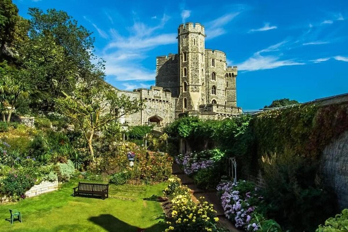 un castello situato in cima a un lussureggiante cortile verde