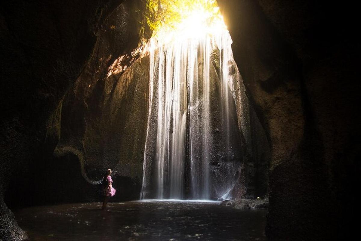 una dona dempeus davant d'una cascada