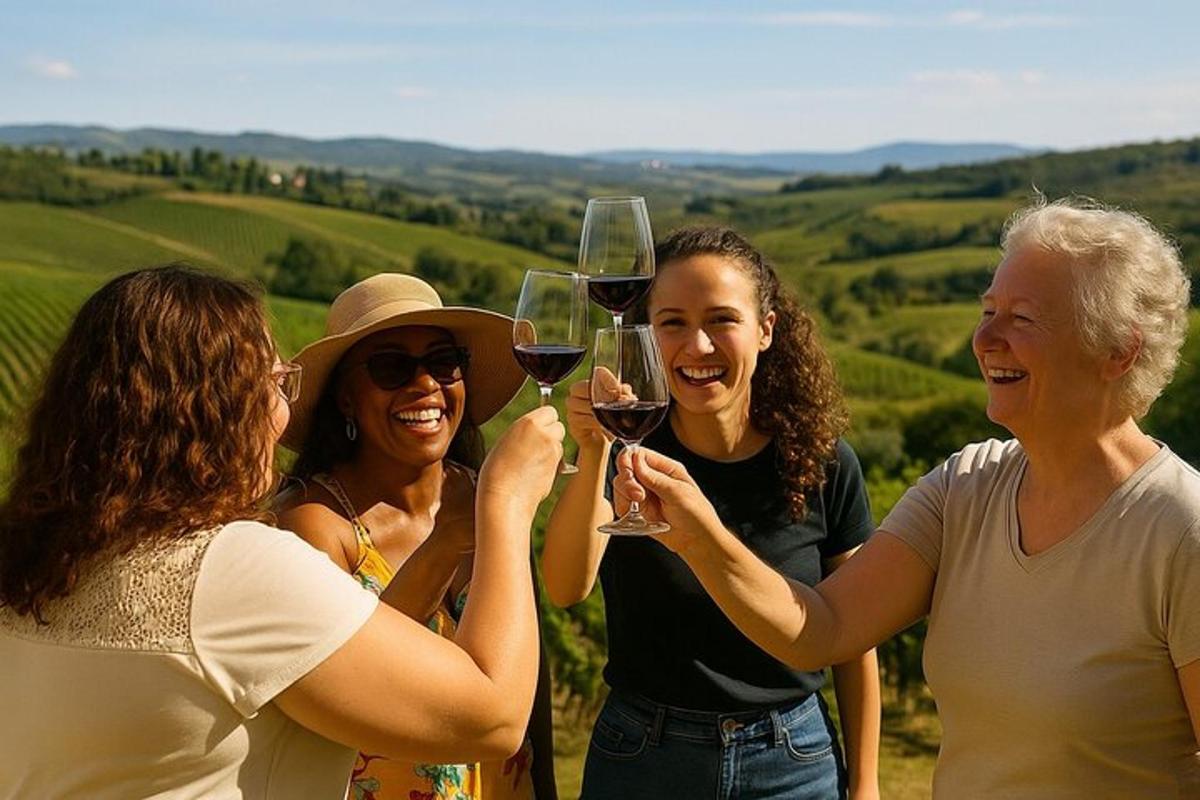 um grupo de mulheres bebendo vinho em um vinhedo
