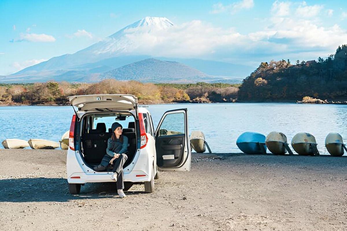 una persona seduta sul sedile posteriore di un'auto su una spiaggia con una montagna