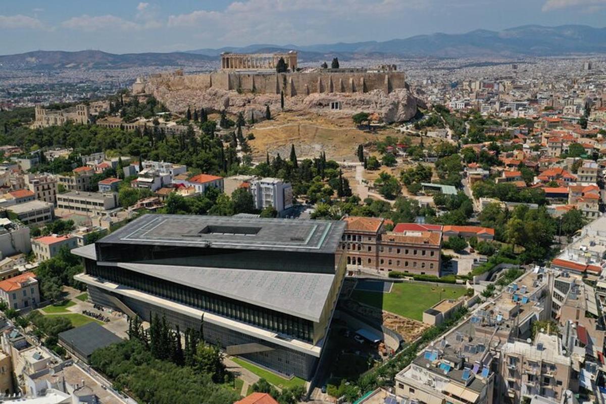an aerial view of a city with a building