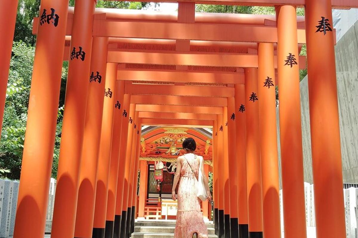žena procházející oranžovou bránou torii