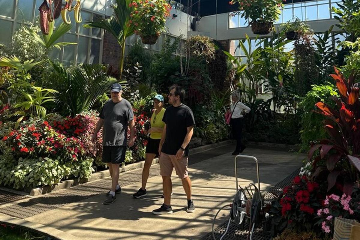 a group of people standing in a garden