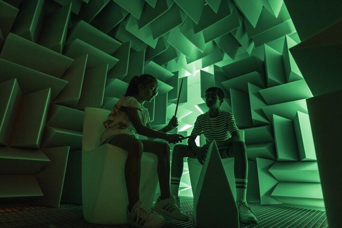 a man and a woman sitting in a chair in anechoic