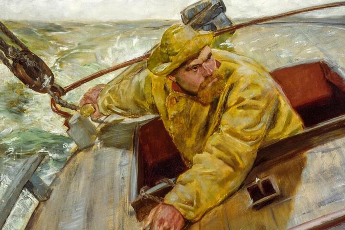 a painting of a man in a boat