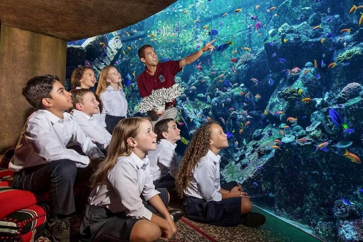a group of children sitting in front of an aquarium