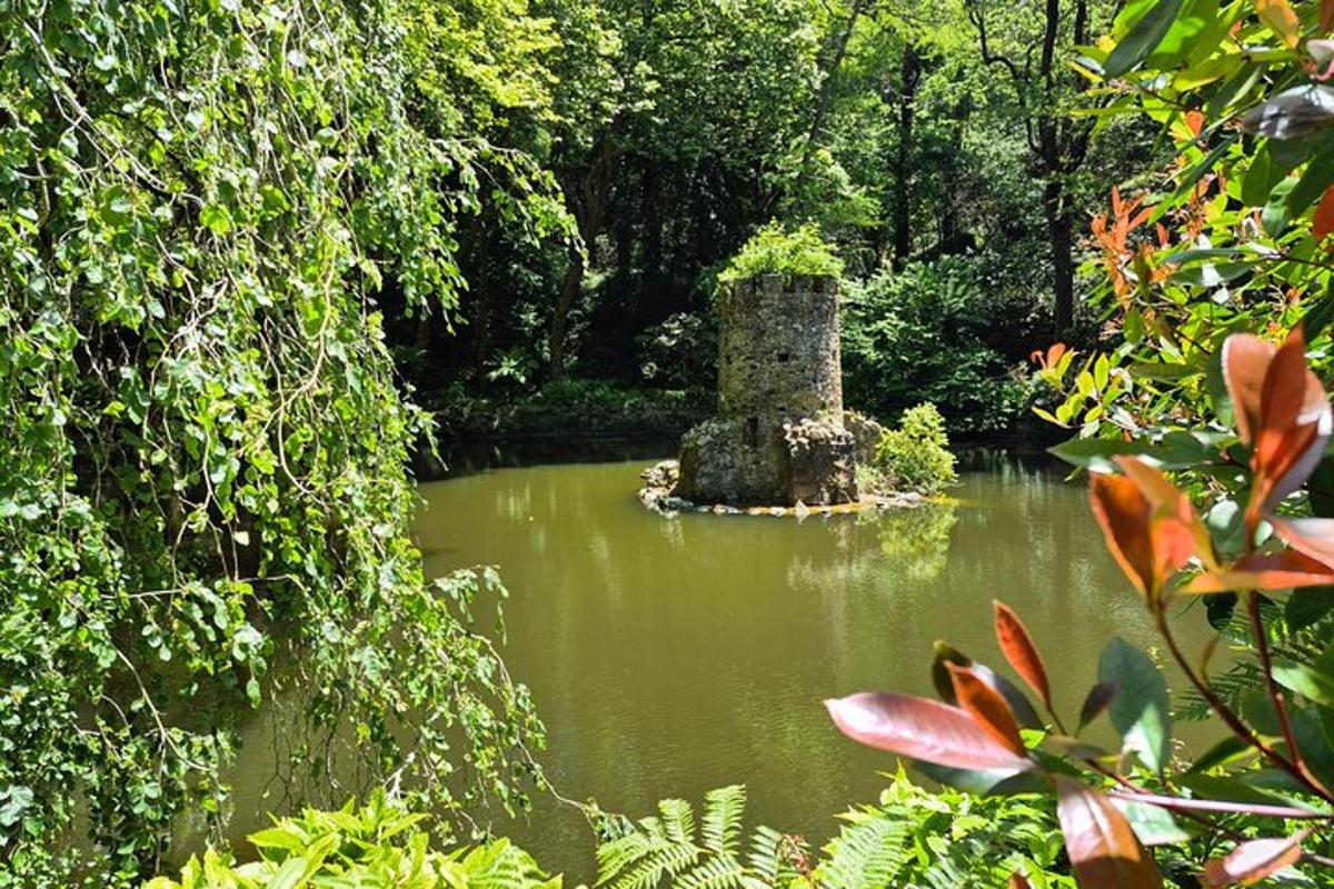 a pond with a stone tower in the middle of a forest