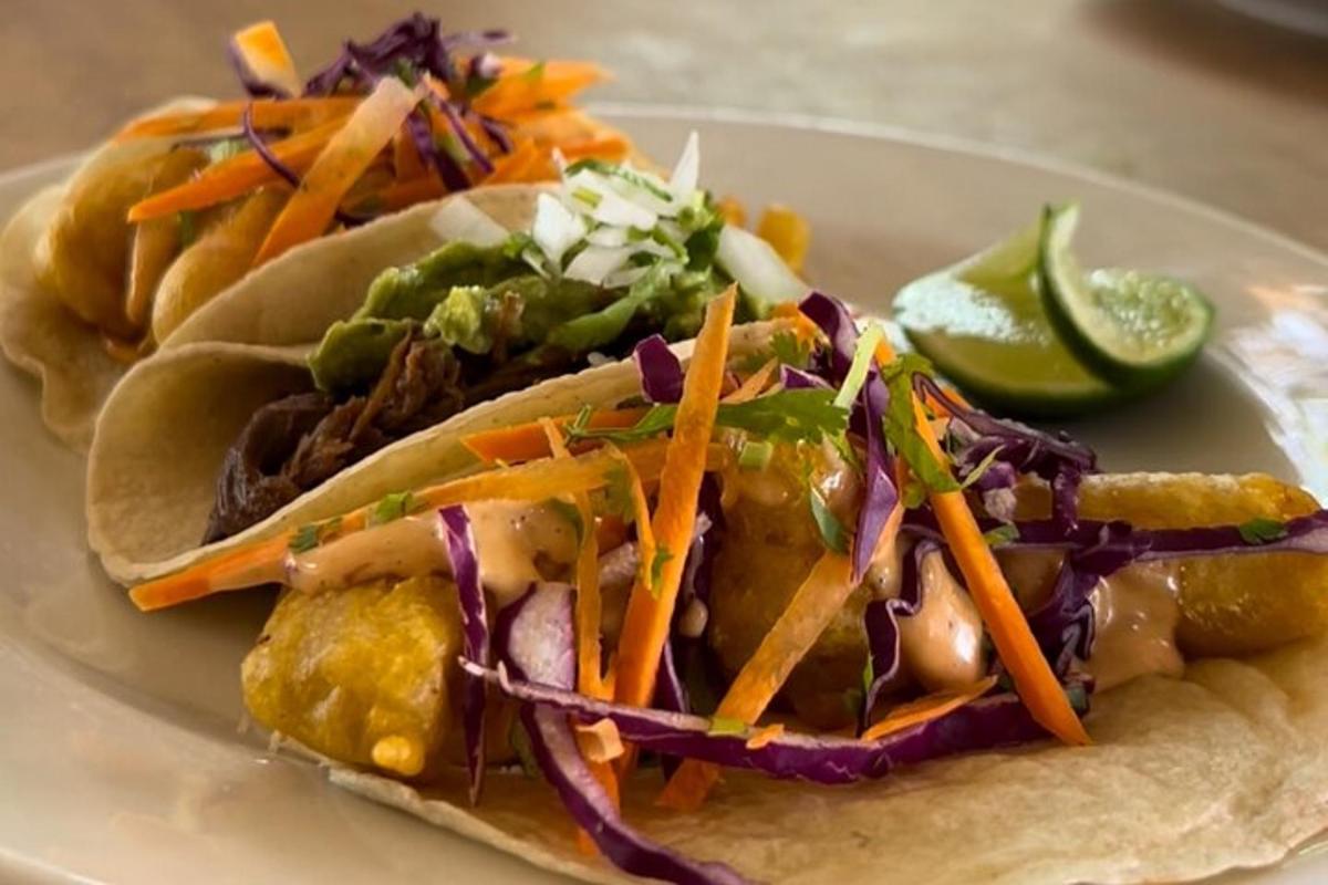 a plate with two tacos with meat and vegetables