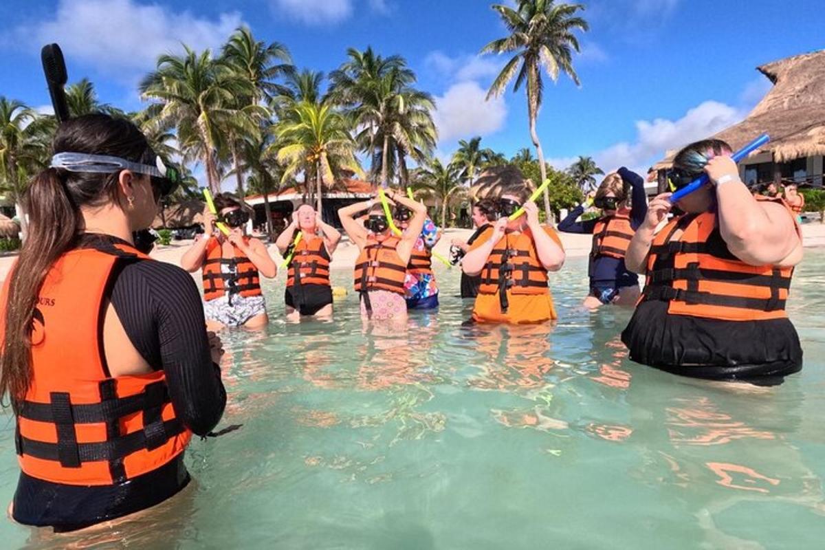 a group of people standing in the water