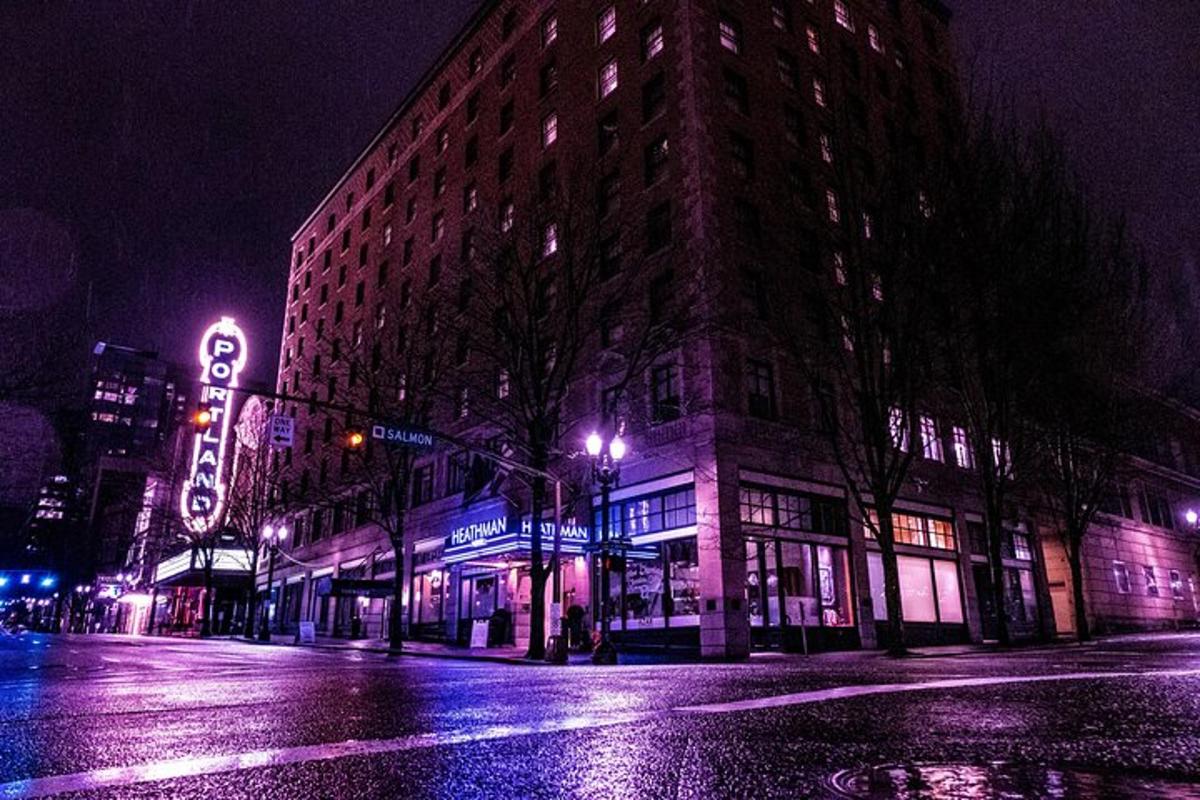 a building on a city street at night