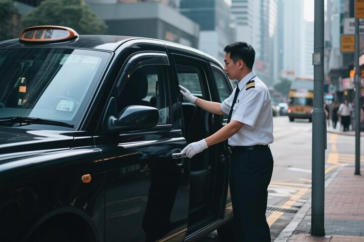 un bărbat în uniformă stând lângă un taxi