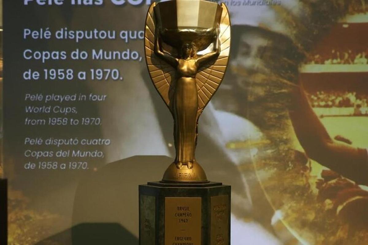a trophy on display in front of a wall