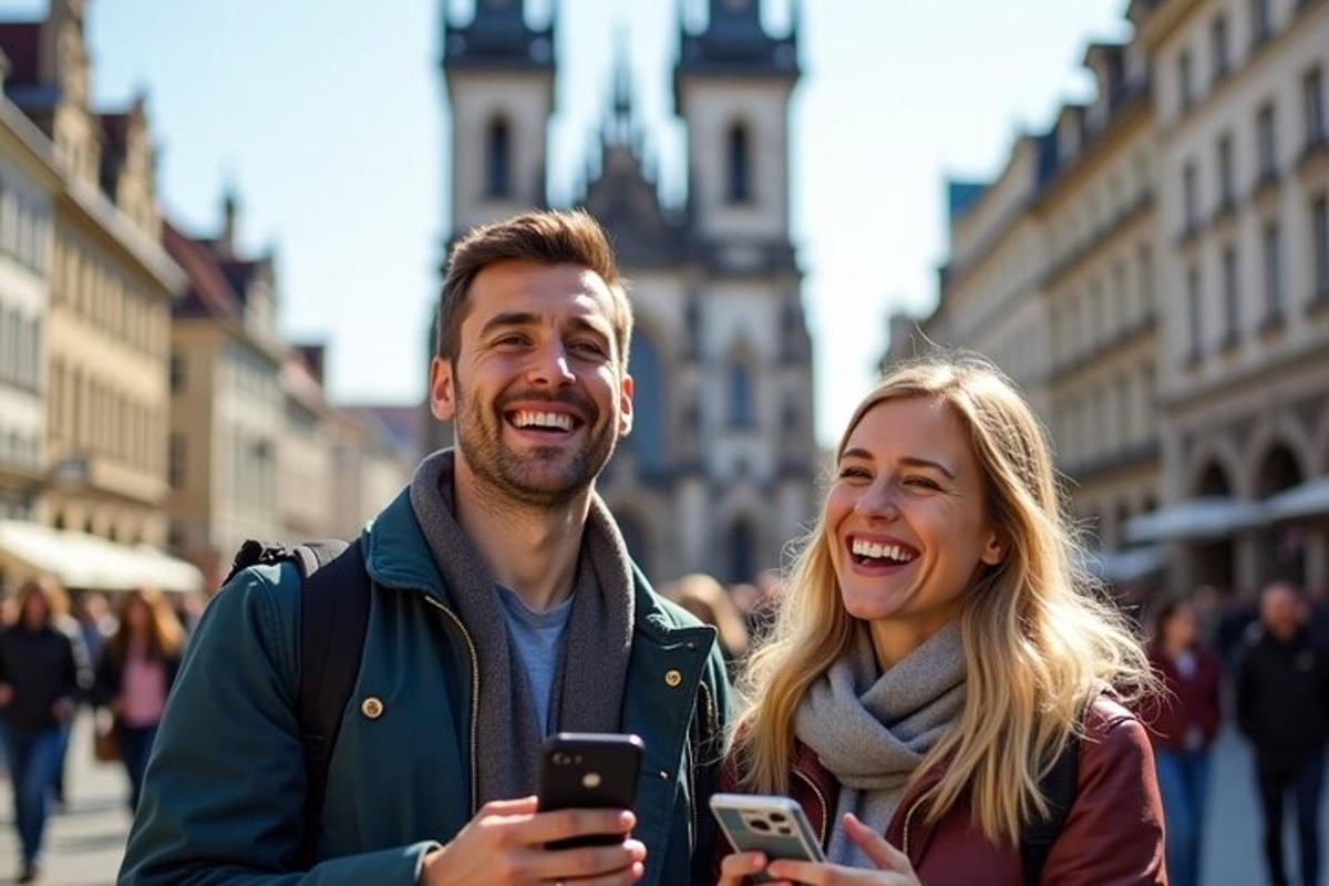 moški in ženska se smejita, medtem ko gledata v svoja mobilna telefona