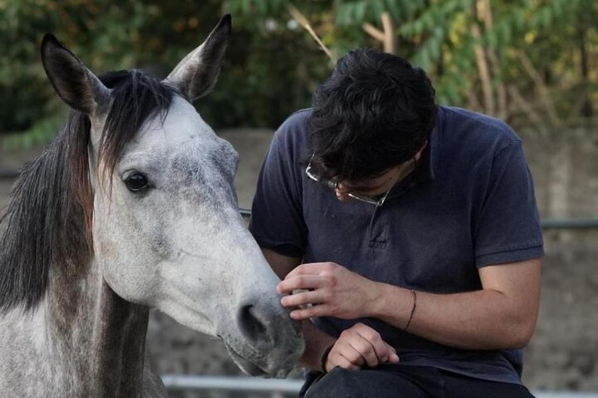 un uomo è seduto accanto a un cavallo