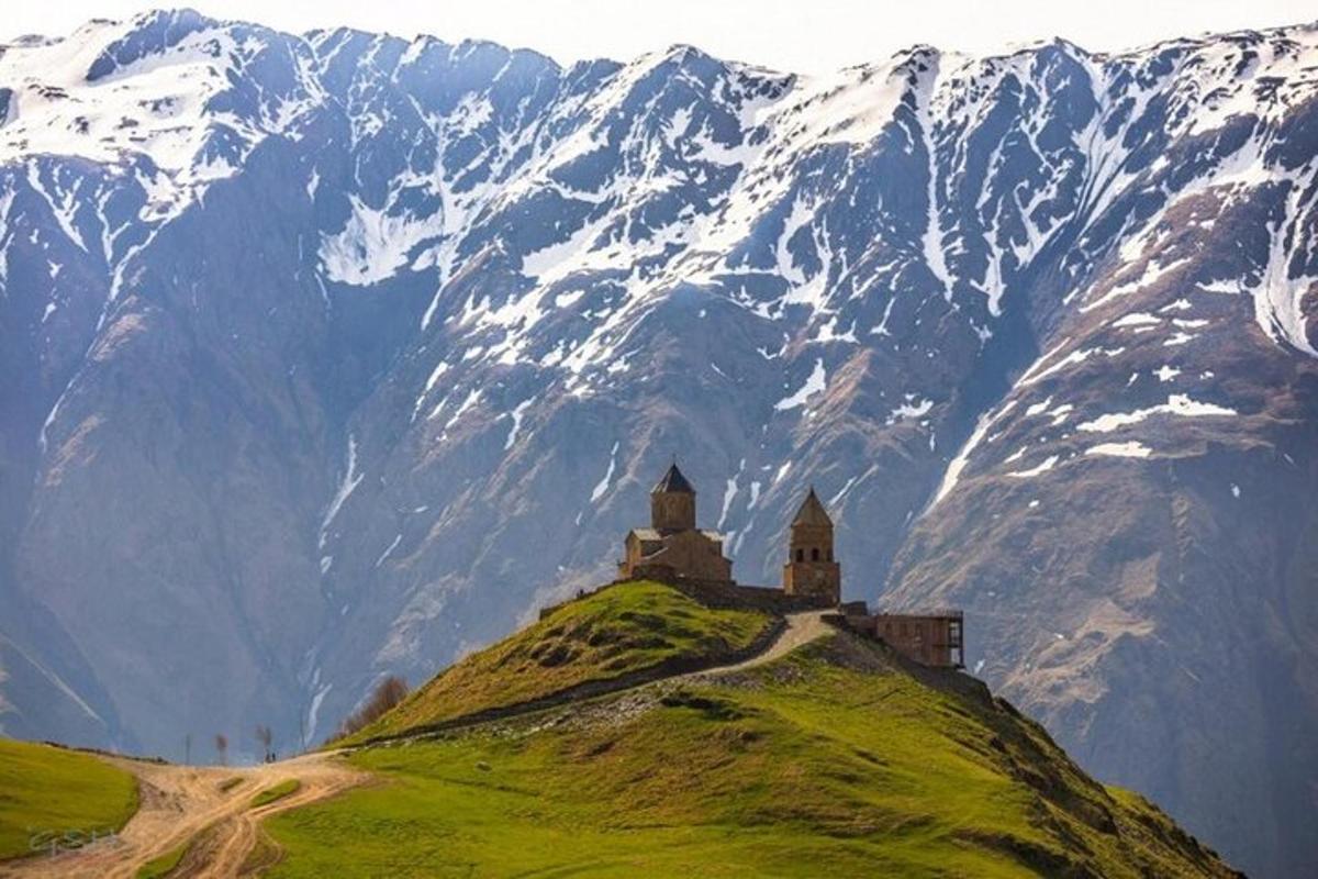 Un castillo en una colina con montañas al fondo