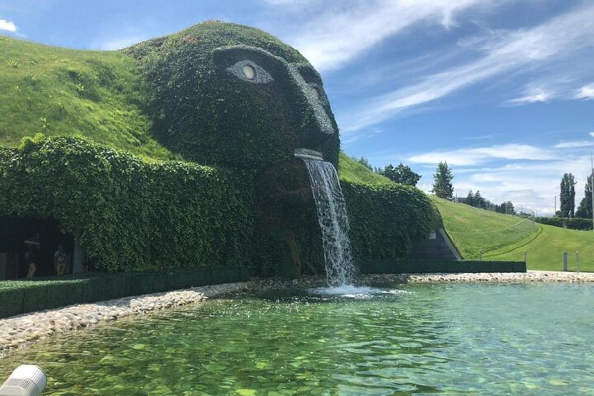 ein Brunnen in Form eines Kopfes auf einem Feld