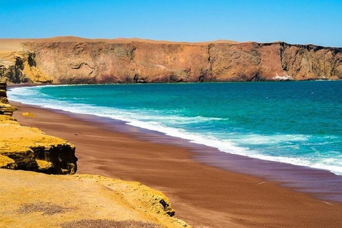 o plajă cu apă albastră și o coastă stâncoasă