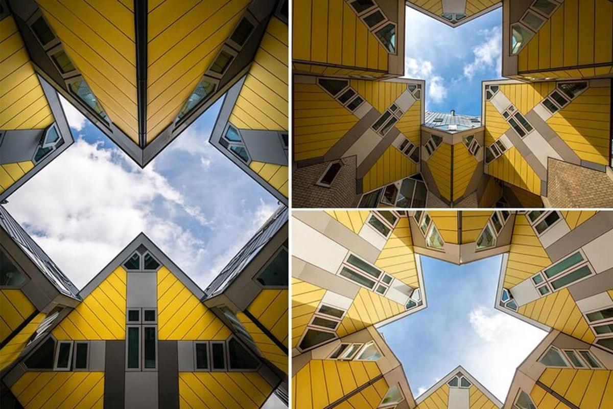 koláž z fotografií budovy s oblohou