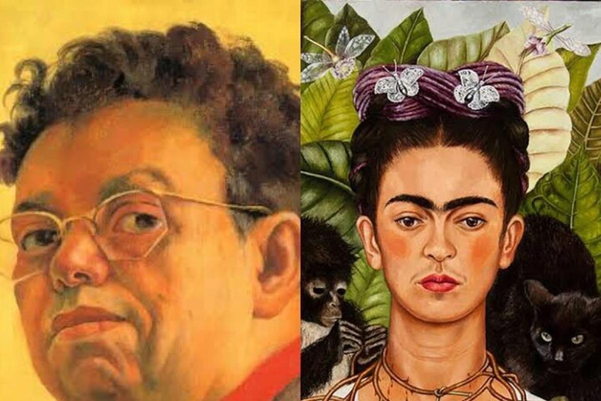 two pictures of a man and a painting of a man with a cat