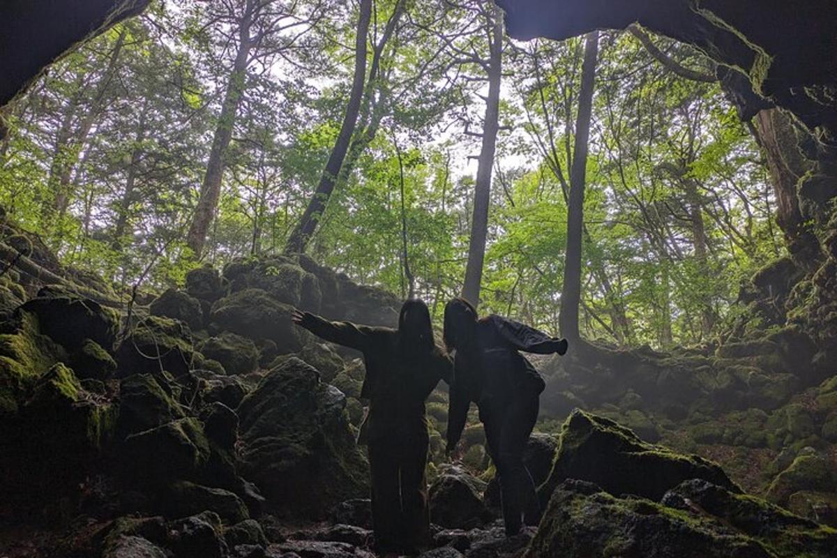 doi oameni mergând printr-o peșteră într-o pădure