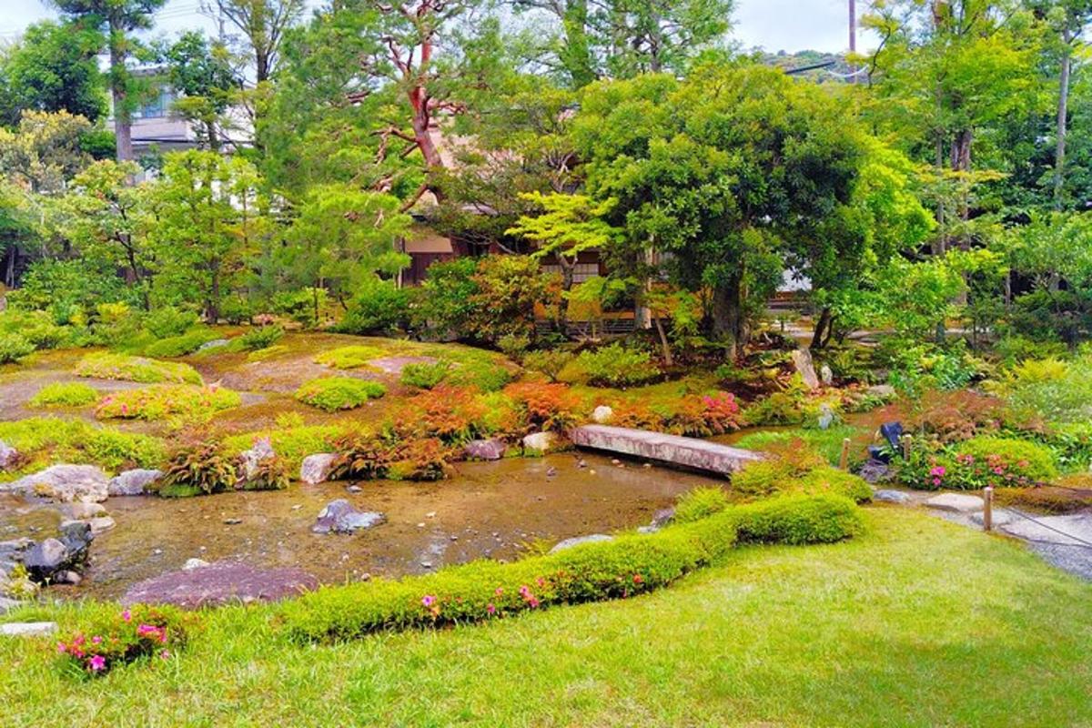 池とたくさんの花や木々のある庭園