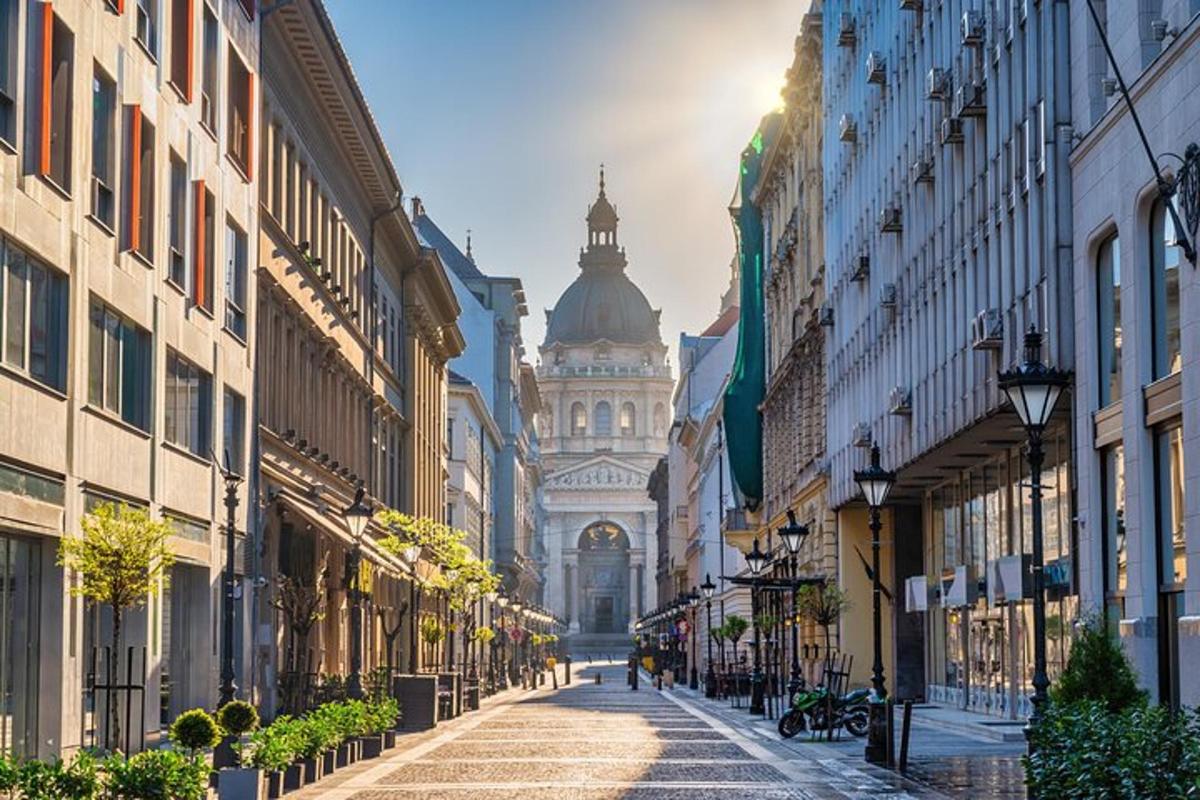 una strada cittadina con un edificio in lontananza