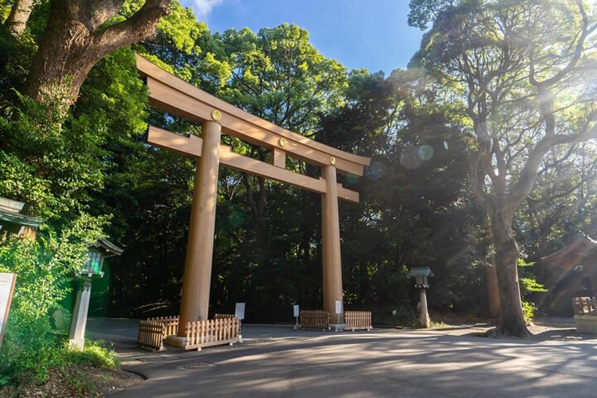 un grande cancello torii in un parco con alberi
