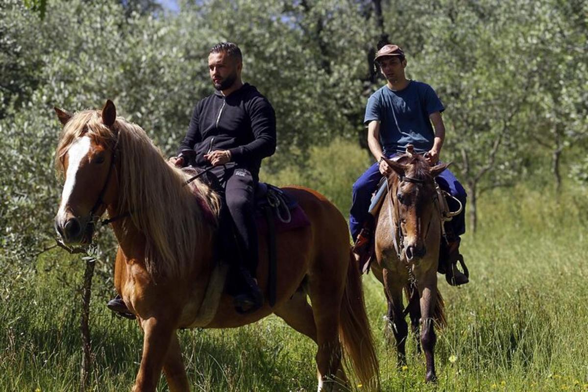 dvaja muži jazdiaci na koňoch na poli