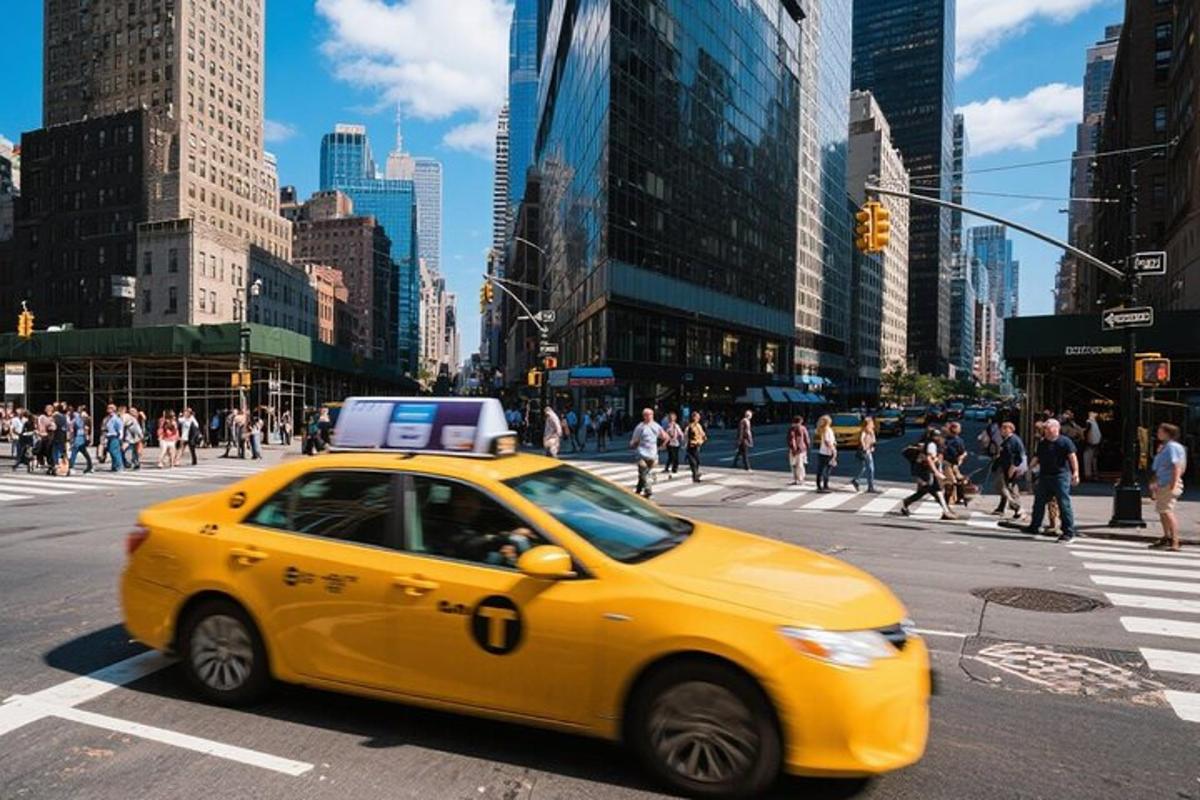 a yellow taxi cab driving down a city street