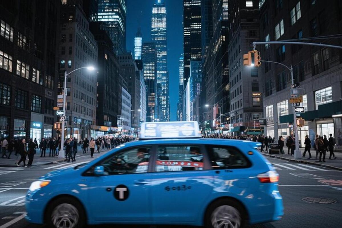 a blue car driving down a city street at night