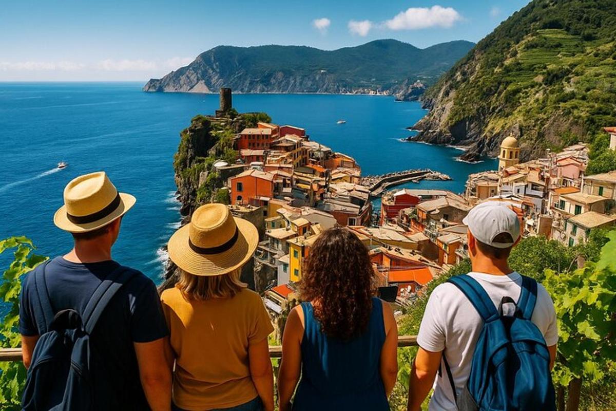 a group of people standing on a hill looking at a city