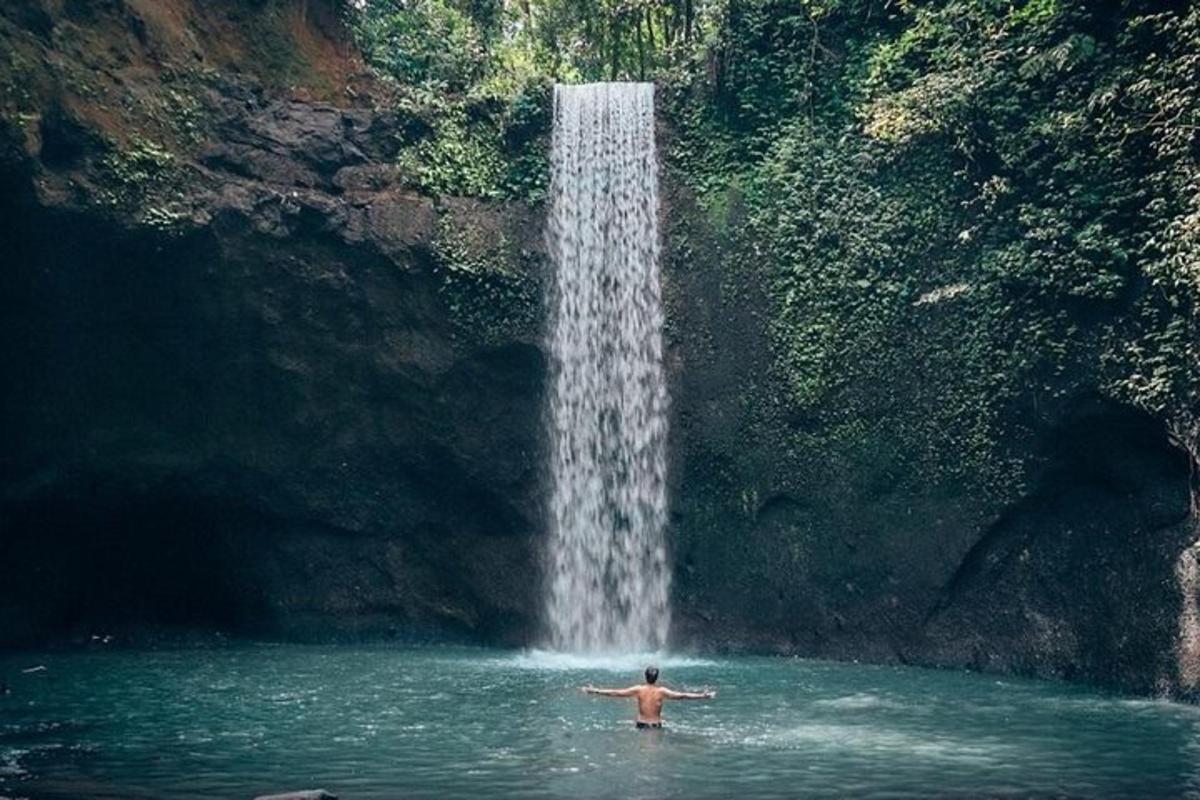 seorang pria di dalam air di depan air terjun