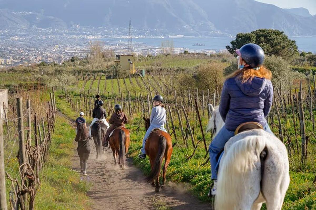 未舗装の道路を馬に乗って走る人々のグループ