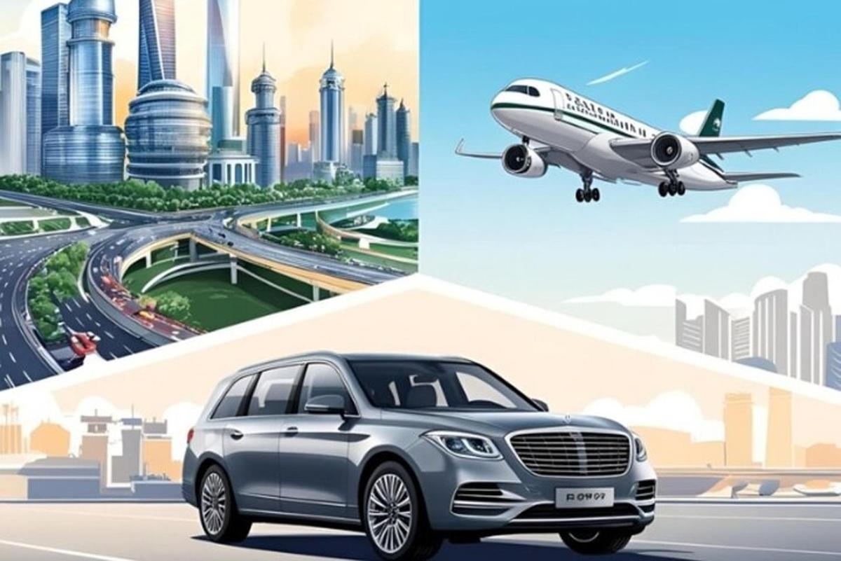a rendering of a car and a picture of a city