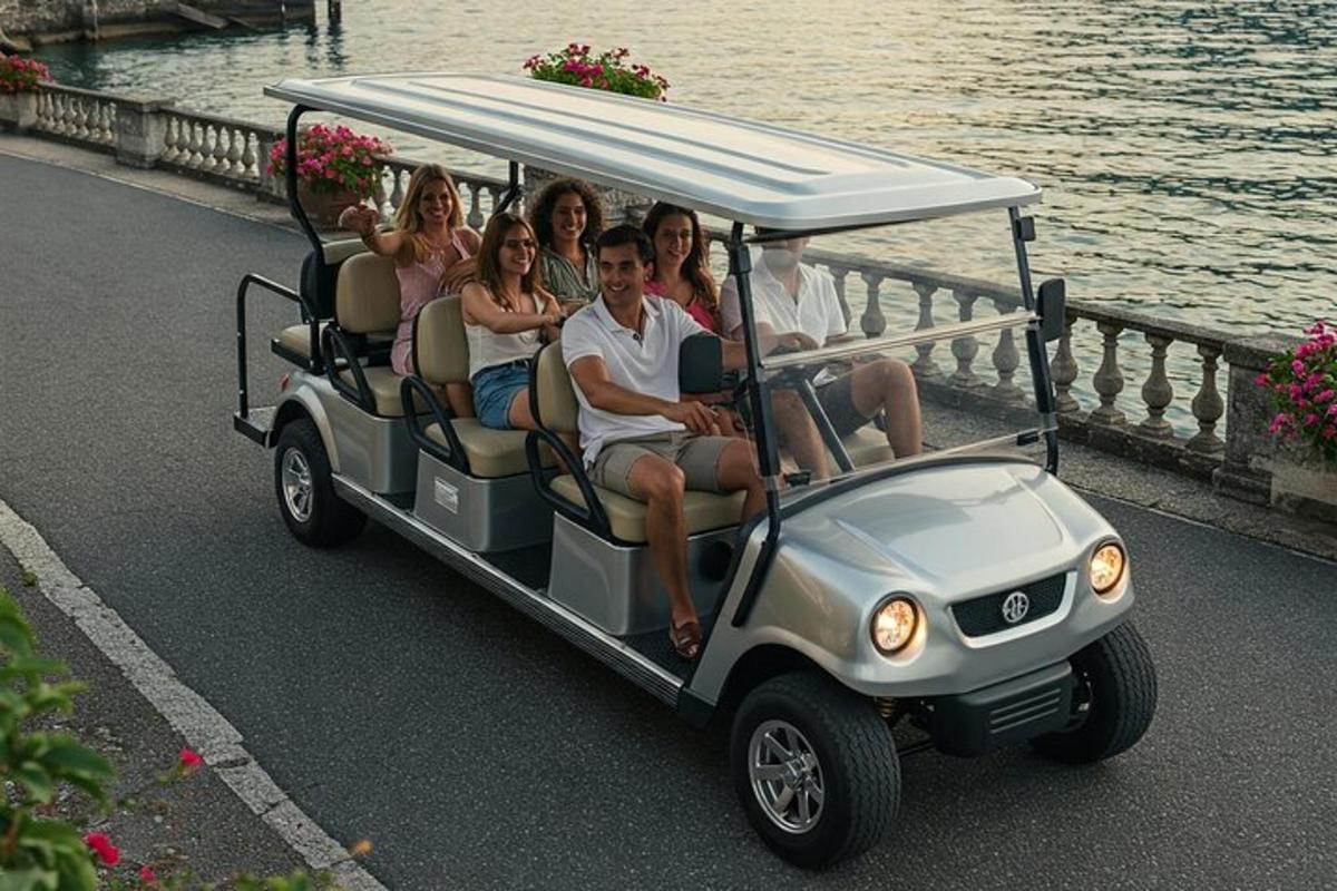a group of people riding in a golf cart