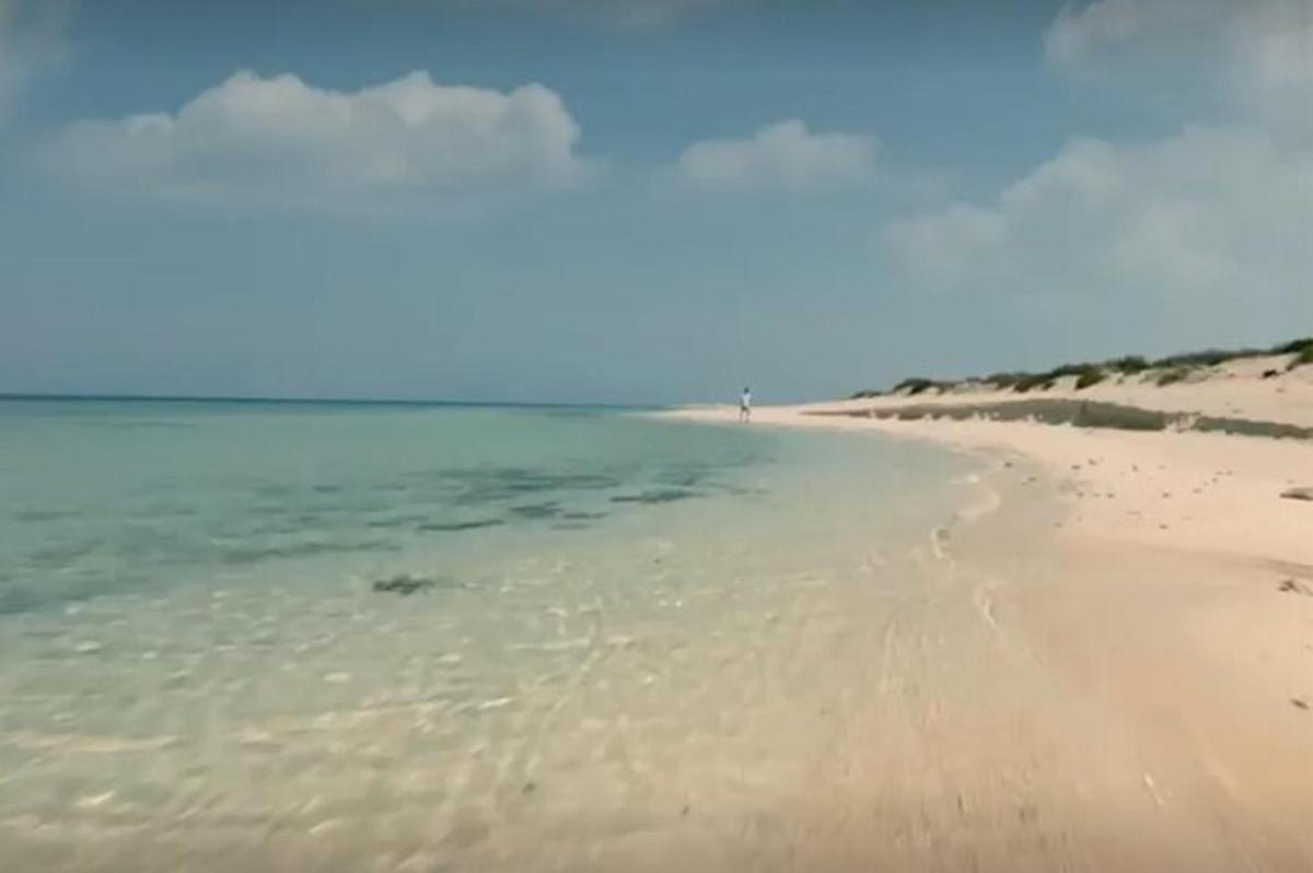 pogled na plažo z osebo v vodi