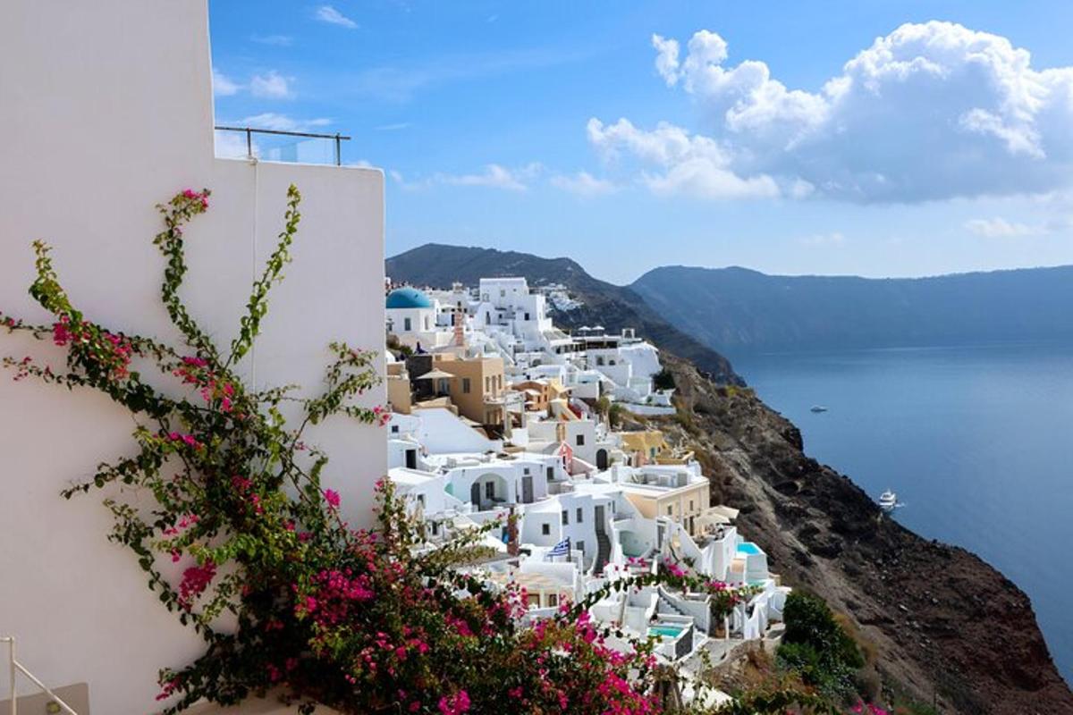 una vista di un villaggio con edifici bianchi e fiori
