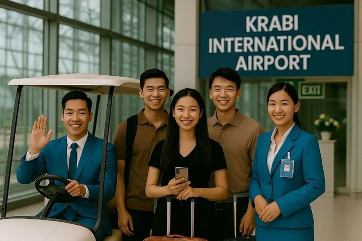 een groep mensen die voor een luchthaven staan