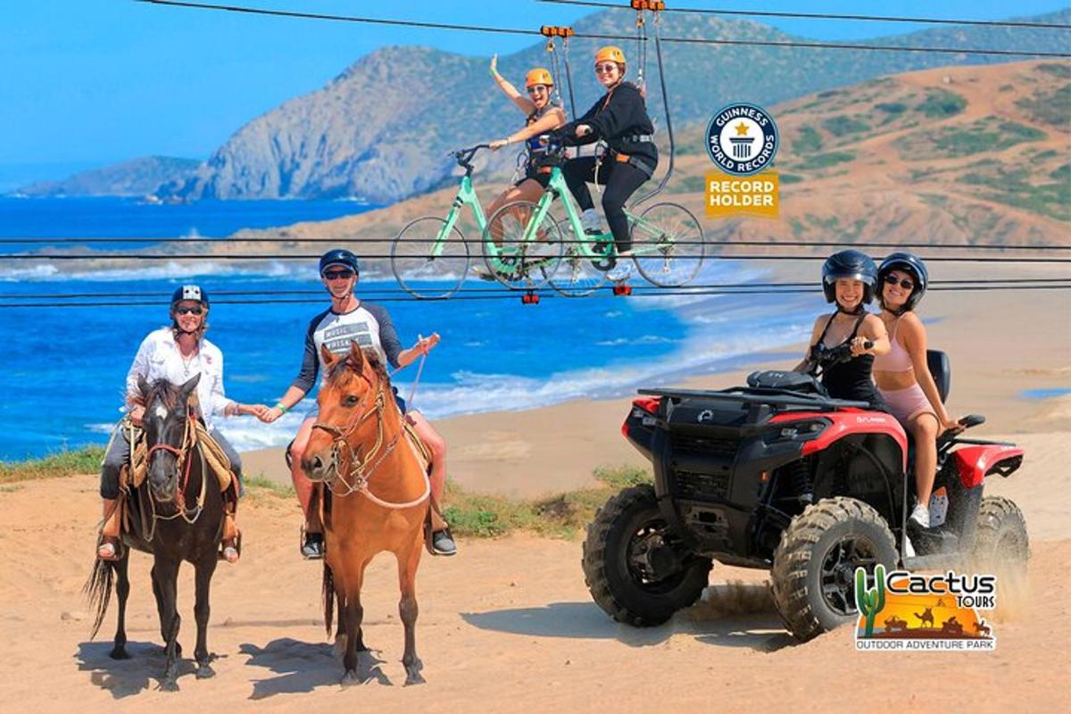 a group of people riding horses and a atv on the beach