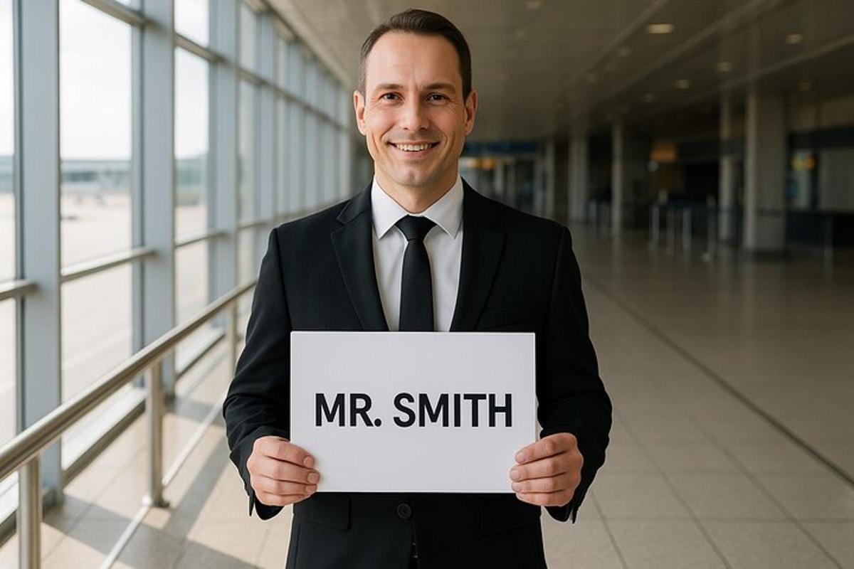 ein Mann im Anzug hält ein Mr. Smith-Schild