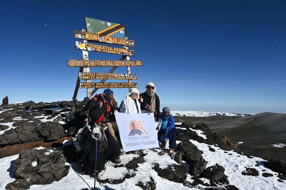 a group of people standing next to a sign on a mountain