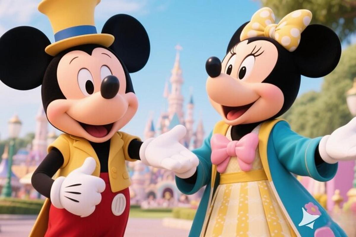 Dvě kreslené postavičky Mickeyho před Disneyho hradem