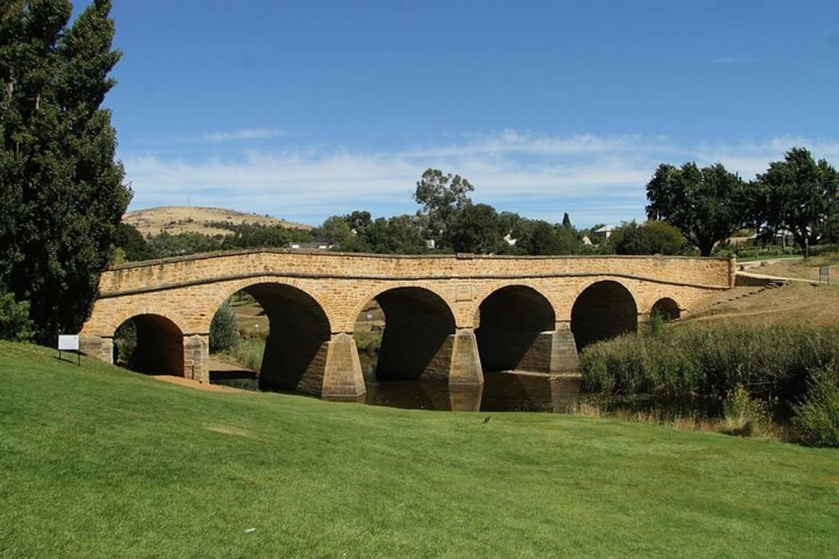 a stone bridge over a river in a field